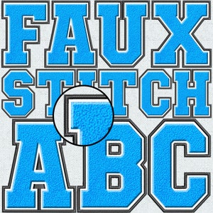 Letras de chenilla bordadas de imitación de color azul claro, parche de chenilla bordada de imitación, letras de chenilla bordada de imitación, universidad, aplique PNG, puntada falsa, 14FS