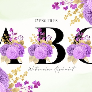 Alfabeto de flores em aquarela PNG, clipart de alfabeto floral roxo preto, PNG transparente, letras maiúsculas florais, rosas violetas dália 20W