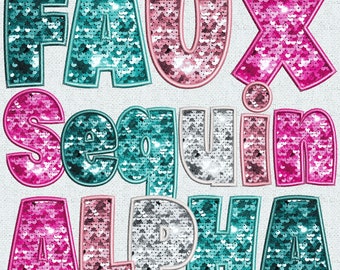Faux Embroidery Pink Turquoise Bundle, White Alphabet PNG, Faux Stitch Letters, Alpha Doodle, Stitched Alpha PNG, Sequins, Faux Sequin, 3ED