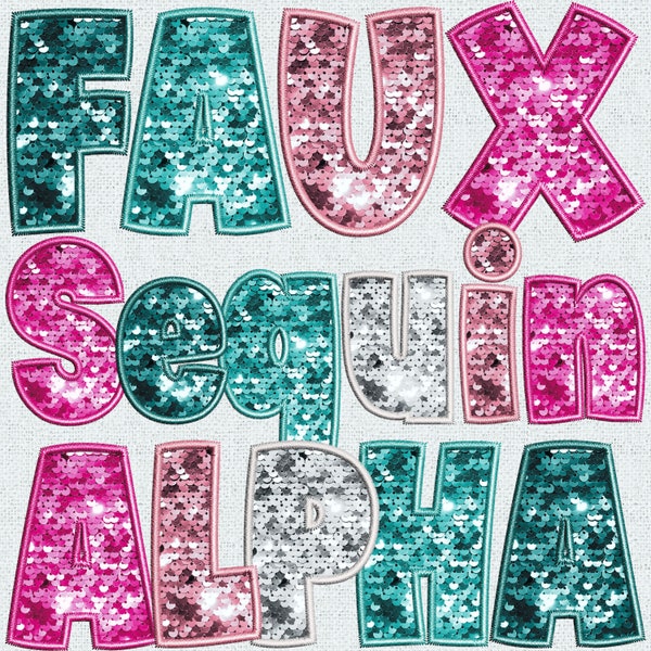 Faux Embroidery Pink Turquoise Bundle, White Alphabet PNG, Faux Stitch Letters, Alpha Doodle, Stitched Alpha PNG, Sequins, Faux Sequin, 3ED