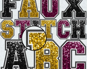 May include: Faux stitch letters in black, gold, and pink glitter. The letters spell out "FAUX STITCH ABC".