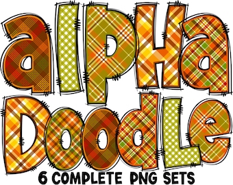 May include: A set of six digital clipart images featuring the words "alpha doodle" in a plaid pattern with orange, green, yellow, and white colors. The text "6 complete PNG sets" is also included in the image.