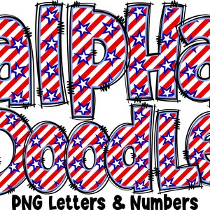 Patriotic Letters & Numbers PNG, Alpha Doodle, PNG Letters, 4th of July Doodle, Doodle Letters PNG, Sublimation, Alpha Pack 13AP