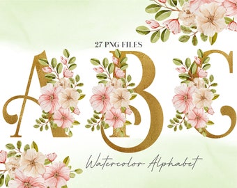 Può includere: Lettere dell'alfabeto A, B e C in acquerello dorato decorate con fiori rosa e bianchi e foglie verdi. 27 file PNG. Alfabeto ad acquerello.