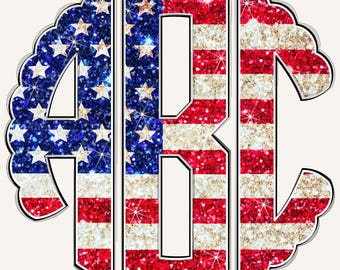 May include: A patriotic design featuring the letters "ABC" in a scalloped circle. The letters are filled with a glittery American flag pattern, showcasing red and white stripes, and a blue field with white stars. The design has a white outline.