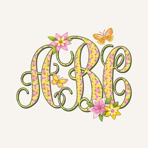May include: A decorative monogram featuring the letters ABC in a flowing script. The letters are yellow with a floral pattern and outlined in green. Pink and yellow flowers and butterflies accent the design, creating a whimsical and personalized aesthetic.