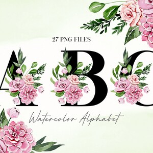 Watercolor Flowers Alphabet PNG, Black Pink Floral Alphabet Clip Art, Transparent PNG, Uppercase Letters, Botanical Uppercase Alphabet 3W