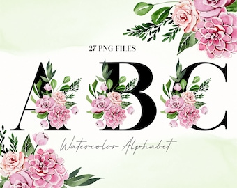 Watercolor Flowers Alphabet PNG, Black Pink Floral Alphabet Clip Art, Transparent PNG, Uppercase Letters, Botanical Uppercase Alphabet 3W