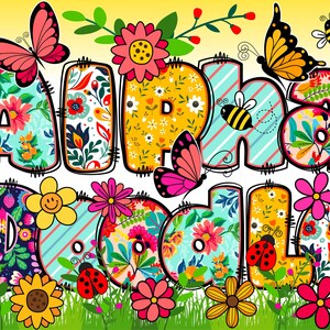 May include: Colorful floral patterned letters spelling "Alpha Doodle" with butterflies, ladybugs, and bees. The letters are outlined in black and have a stitched look.