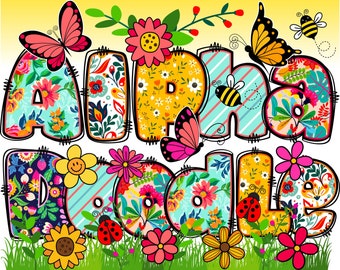 BUNDLE Spring Floral Alphabet PNG, Chubby Alpha Doodle, Doodle Flowers, Doodle Letters, Spring Letters, Clipart, Sublimation, Alpha Pack 1AB