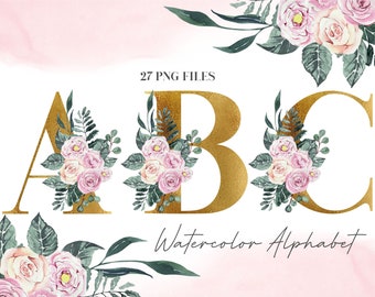 Alfabeto con fiori ad acquerello in formato PNG, lettere dorate, alfabeto floreale rosa, clip art, PNG trasparente, lettere maiuscole, alfabeto con rose rosa 23AW