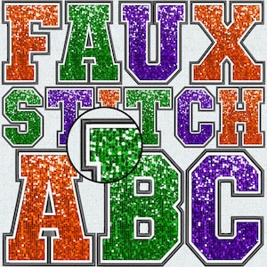 Faux Embroidery Sequin Letters BUNDLE, Faux Sequin Patch, Faux Sequin Letters, Alpha Doodle, College, Stitched Alpha PNG, Faux Stitch, 4FS