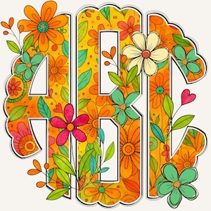 Spring Circle Scalloped Monogram PNG, Circle Monogram, Scalloped Monogram, Boho, Flowers, Floral Monogram, Whimsical doodle Monogram 20CS