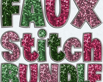 Faux Embroidery Christmas Bundle, Christmas Alphabet PNG, Faux Stitch Letters, Alpha Doodle, Stitched Alpha PNG, Sequins, Faux Stitch, 2ED