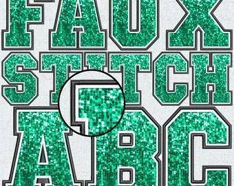 Faux Embroidery Aqua Sequin Letters, Faux Sequin Patch, Faux Sequin Letters, Alpha Doodle, College, Stitched Alpha PNG, Faux Stitch, 3FS