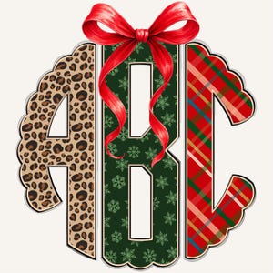 May include: A decorative monogram featuring the letters "ABC" in a festive design. The "A" has a leopard print pattern, the "B" is green with snowflakes, and the "C" is red plaid. A red bow tops the monogram.