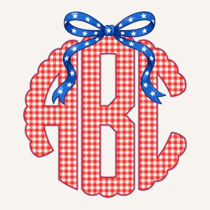 May include: A monogram design featuring the letters ABC in a red and white gingham pattern. A blue ribbon with white stars is tied in a bow at the top. The design has a scalloped edge.