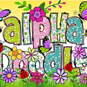 BUNDLE Spring Floral Alphabet PNG, Doodle Alpha, Doodle Flowers, Doodle Letters PNG, Spring Letters, Butterflies, Clipart Alpha Pack 6APAP