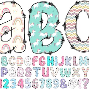 Alfabeto de unicornio PNG, Alfabeto doodle, PNG transparente, Letras doodle de unicornio, Letras de unicornio, Descarga instantánea, Sublimación 28A
