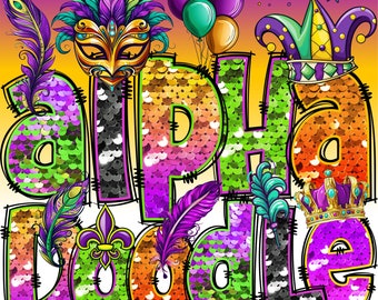 Mardi Gras Alphabet PNG, Karneval Buchstaben, Alpha Doodle, Mardi Gras Brief, Mardi Gras Tag, künstliche Pailetten, Bündel, Clipart Alpha Pack 91AP