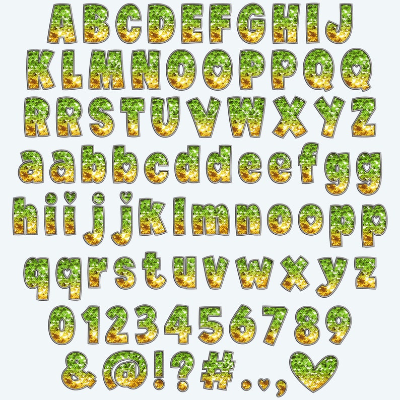 May include: A gold and green glitter alphabet with uppercase and lowercase letters, numbers 0-9, and symbols including ampersand, at sign, exclamation point, question mark, number sign, period, comma, and a heart.
