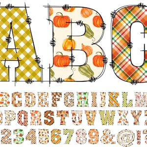 Alfabeto de otoño PNG, alfabeto de acuarela, letras de otoño, hojas, calabaza, alfabeto en mayúsculas 1D