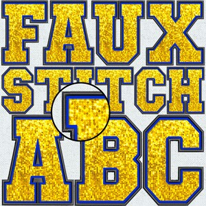 May include: Faux stitch letters in a varsity style font. The letters are gold with a blue outline and a black shadow. The letters spell out "FAUX STITCH ABC".