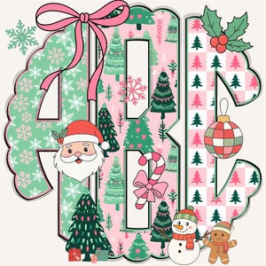 以下が含まれることがあります： クリスマスをテーマにしたモノグラムデザイン。A、B、Cの文字が特徴で、木、雪の結晶、ピンクとグリーンのパターンで埋められています。サンタクロース、雪だるま、ジンジャーブレッドマンも含まれています。