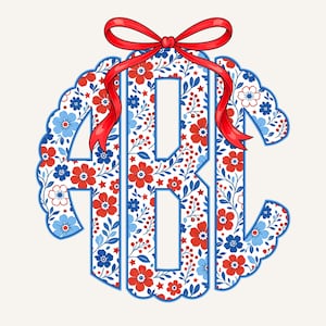 May include: A floral monogram design featuring the letters ABC in a decorative, scalloped frame. The letters are filled with a pattern of red and blue flowers and leaves. A red ribbon bow adorns the top of the design, adding a festive touch.