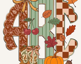Preppy Retro Höstmonogram med vågigt motiv, Grandmillennial-monogram, Coquette-monogram, PNG-höst, Boho-monogram, Höst, Cowgirl 47CS