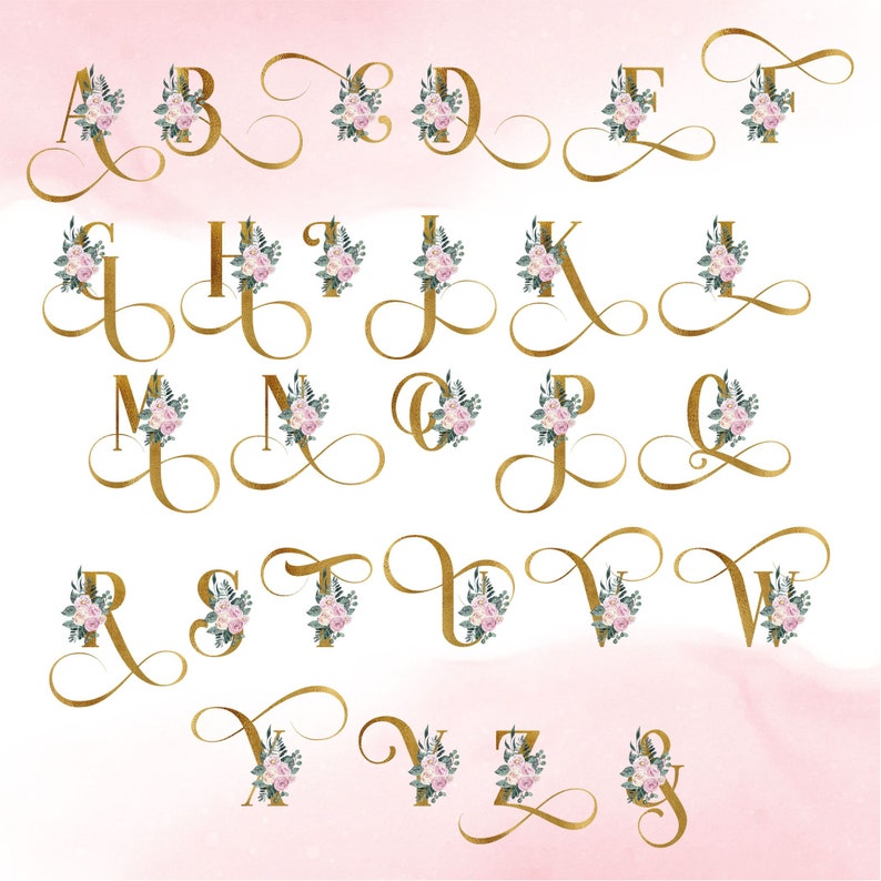 Watercolor Flowers Alphabet PNG Gold Letters Soft Pink Floral - Etsy