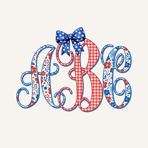 Patriotiskt blommigt monogram PNG, sammankopplat, manus, patriotiskt, kokett preppy, blommor, 7 juli-design 15SM