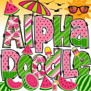 Letras e números de verão PNG, Alpha Doodle, Letras, Letras Doodle, Letras de verão, Frutas, Praia, Melancia rosa, Pacote Alpha de verão 93AP