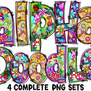 PACOTE Alfabeto Floral de Primavera PNG, Doodle Alpha, Doodle Flores, Letras Doodle, Letras de Primavera, Borboletas, Sublimação, Alpha Pack 86AP