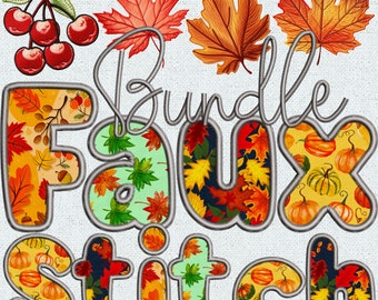 Paquete de otoño con bordado falso, alfabeto otoñal PNG, letras con puntada falsa, garabato alfa, PNG alfa cosido, letras de otoño, puntada falsa, 2EM