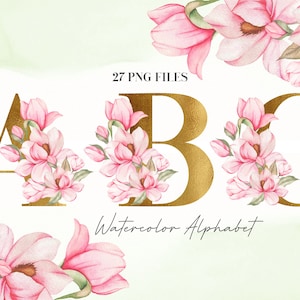 Alfabeto de flores em aquarela PNG, alfabeto floral rosa dourado suave, PNG transparente, letras maiúsculas, alfabeto botânico maiúsculo 15W