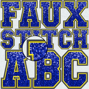 Letras de lentejuelas azules y amarillas con bordado falso, parche de lentejuelas falsas, lentejuelas falsas azules, alfa, universidad, PNG alfa cosido, puntada falsa, 11FS