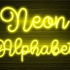 Neon Glow-Effekt Alphabet PNG Clip Art Buchstaben Drehbuch Schriftart Sofortiger Download Dateien Gelb, Neongelb 1N