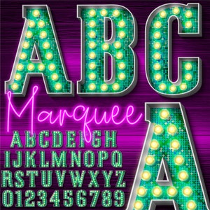 May include: A vintage marquee sign alphabet with light bulbs, featuring the letters A, B, C, and the word "Marquee" in neon pink. The alphabet includes all letters and numbers in a green and white colour scheme.