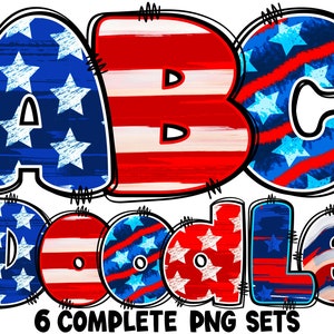 BUNDLE Patriotic Alphabet PNG, 4th of July, Independence Day, Chubby Alpha Doodle, American Doodle, Sublimation, Alpha Pack 8AB
