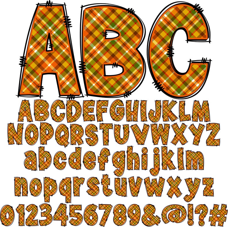May include: A complete alphabet set in uppercase, lowercase, and numbers, featuring a plaid pattern in orange, green, and brown. The letters have a black outline with stitched details, perfect for fall-themed crafts and designs.