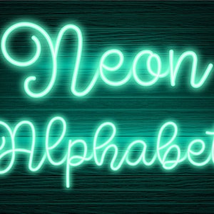Neon Glow-Effekt Alphabet PNG Clip Art Buchstaben Schreibschrift Schriftart Sofortiger Download Dateien Aqua Mint, Neon Aqua 1N