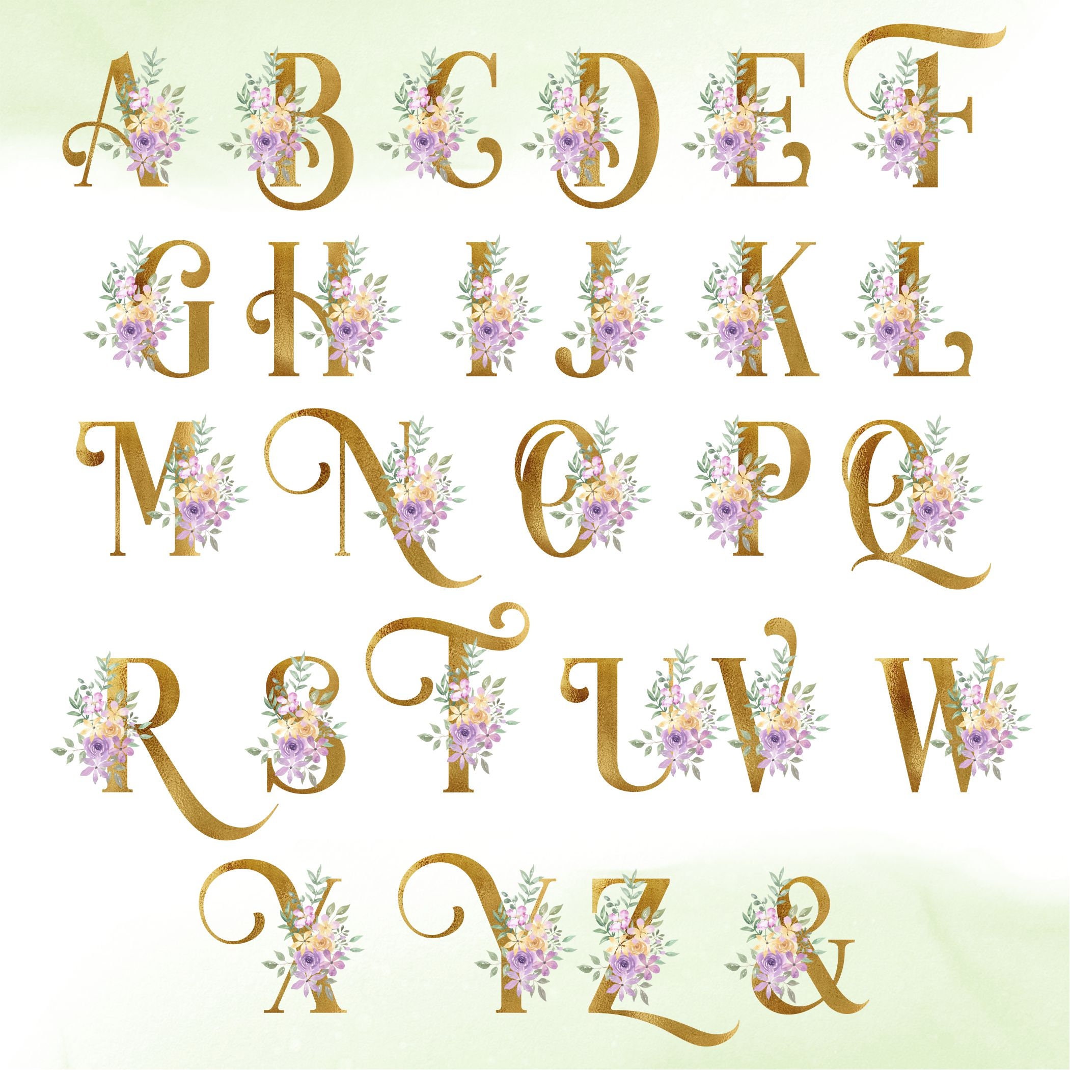 Watercolor Flowers Alphabet PNG Gold Lilac Floral Alphabet - Etsy
