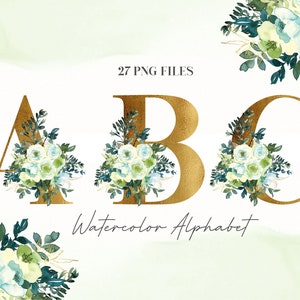Watercolor Flowers Alphabet PNG, Gold Floral Alphabet Clip Art, Transparent PNG, Floral Uppercase Letters, Botanical Uppercase Alphabet 1W