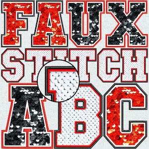 Faux Embroidery Sequin Letters BUNDLE, Faux Sequin Patch, Faux Sequin Letters, Red White Black Sequin, Stitched Alpha PNG, Faux Stitch, 45FS