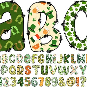 St Patrick&#39;s Day Letters PNG, Shamrock Alphabet Clip Art, Doodle Irish, St Paddy&#39;s Letters, St. Patty&#39;s Alphabet, Clovers, Horseshoes 45A