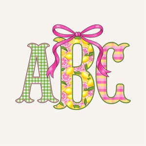 May include: Illustration of the letters "ABC". The letter "A" is green gingham, "B" is filled with lemons and pink grapefruit, and "C" is pink and yellow gingham. A pink bow is tied at the top of the "B".