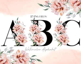 Watercolor Flowers Alphabet PNG, Black Pink Floral Alphabet Clip Art, Transparent PNG, Uppercase Letters, Botanical Uppercase Alphabet 21W