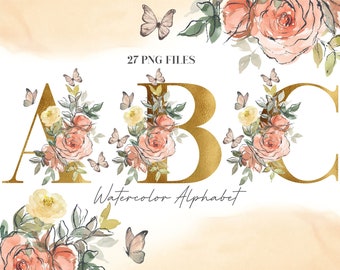 Può includere: Lettere dell'alfabeto A, B e C ad acquerello con contorni dorati. Ogni lettera è decorata con fiori e farfalle in acquerello rosa e giallo.