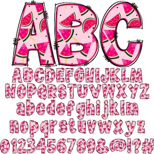 May include: Watermelon themed alphabet with uppercase and lowercase letters, numbers, and symbols. The letters are pink with a watermelon pattern and black outlines.